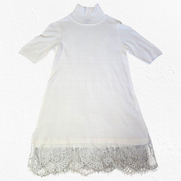 Apt 9 Ivory White Turtleneck Lace Hem Half Sleeve Tunic Sweater Small Petite - Picture 1 of 9